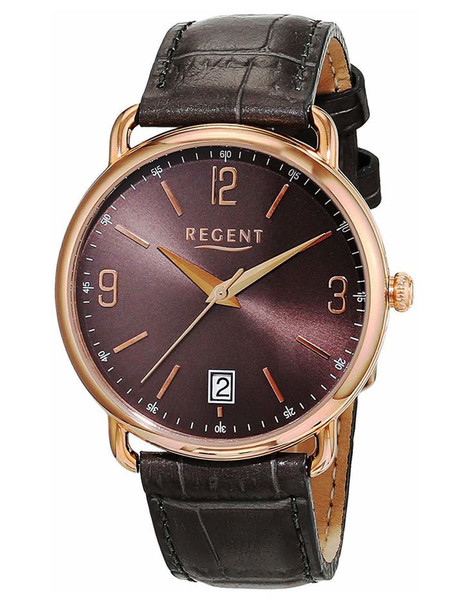 Regent Unisex-Uhr 12100650 mit rosé-vergoldetem Edelstahlgehäuse und echtem Genuine Lederband in braun Produktbild