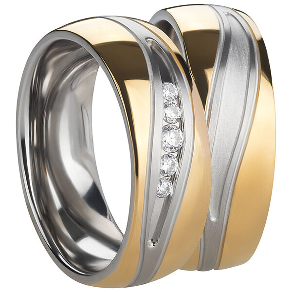 Trauringpaar Edelstahl Bicolor mit Zirkonia