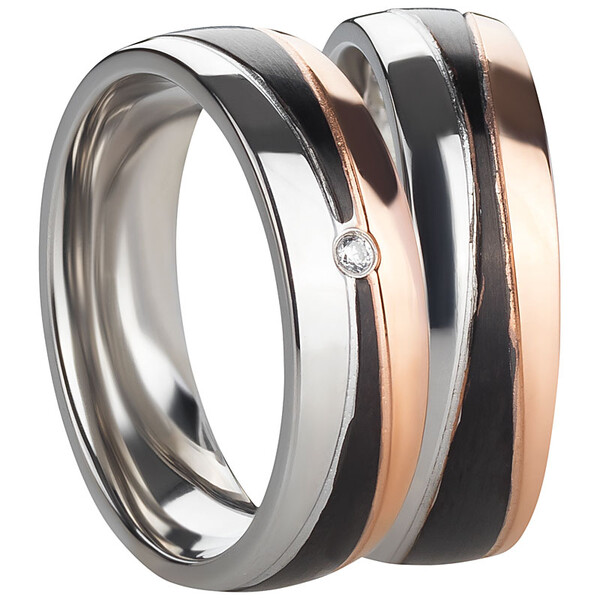 Trauringpaar Edelstahl Tricolor mit Zirkonia