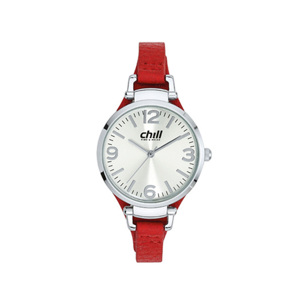 CHILL Damen Uhr mit Silber Metallgehuse und Lederband Rot Produktbild