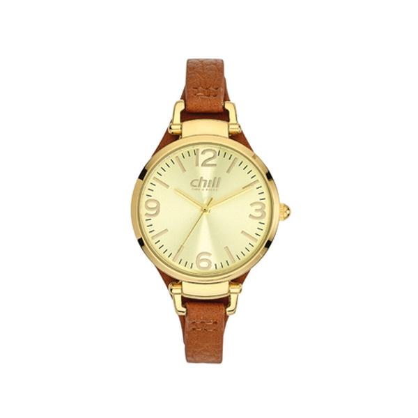 CHILL Damen Uhr mit Gold Metallgehuse und Lederband Braun Produktbild