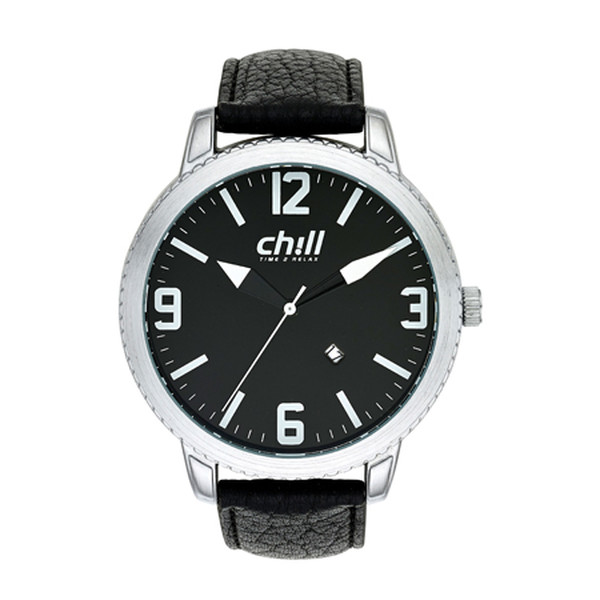 CHILL Unisex Uhr mit Silber Metallgehuse und Lederband Schwarz Produktbild