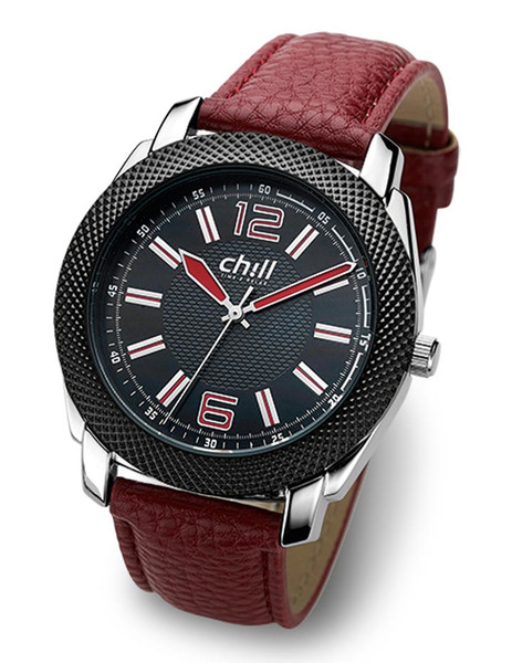 CHILL Herrenuhr CH1544 mit silber-schwarzem Metallgehuse und Lederband in rot Produktbild